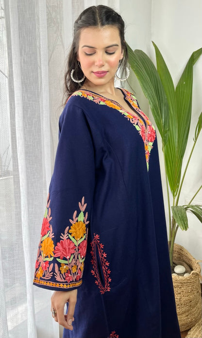 Navy Blue Bliss with Pink Aari Embroidered Fine Cashmilon Pheran