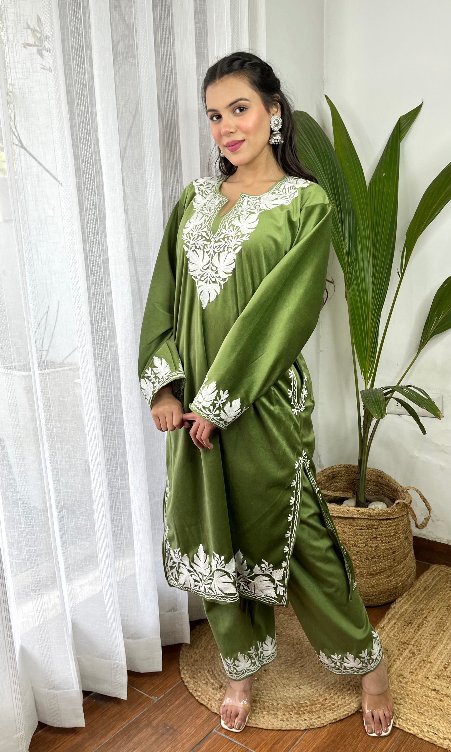 Light Green Aari Embroidered Kashmiri Velvet Suit