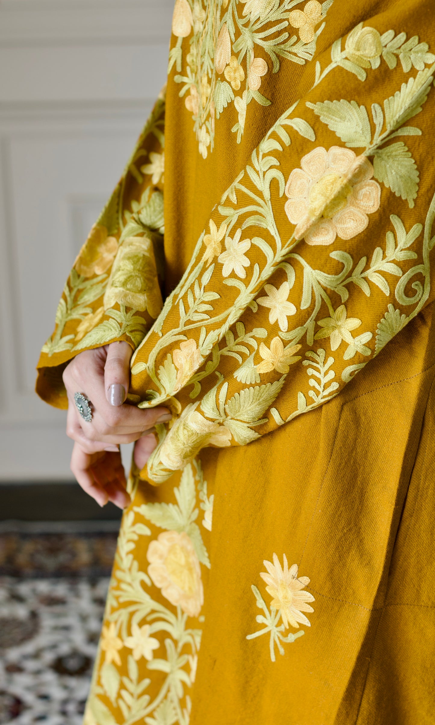 Mustard Aari Embroidered Wool Pheran