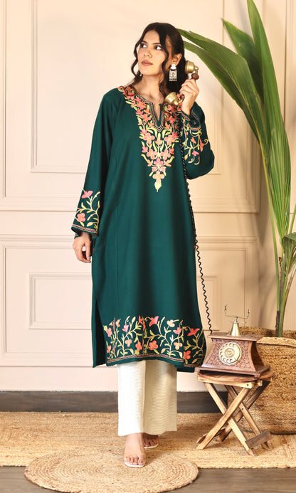 Bottle Green Aari Embroidered Fine Cashmilon Pheran