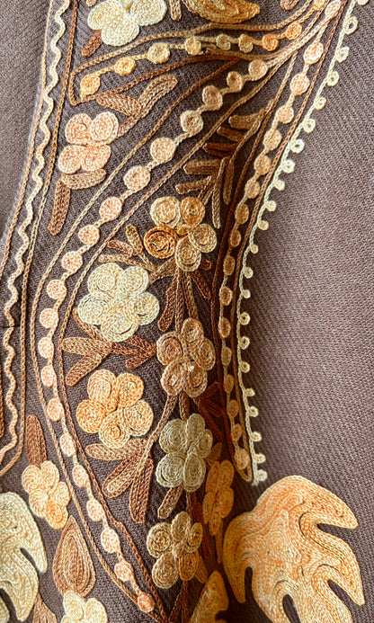 Brown Aari Embroidered Fine Cashmilon Pheran