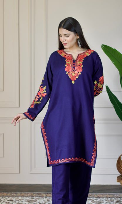 Navy Blue Kashmiri Aari Woollen Co-ord Set - Scarlet Charm