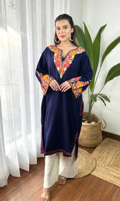 Navy Blue Bliss with Pink Aari Embroidered Fine Cashmilon Pheran