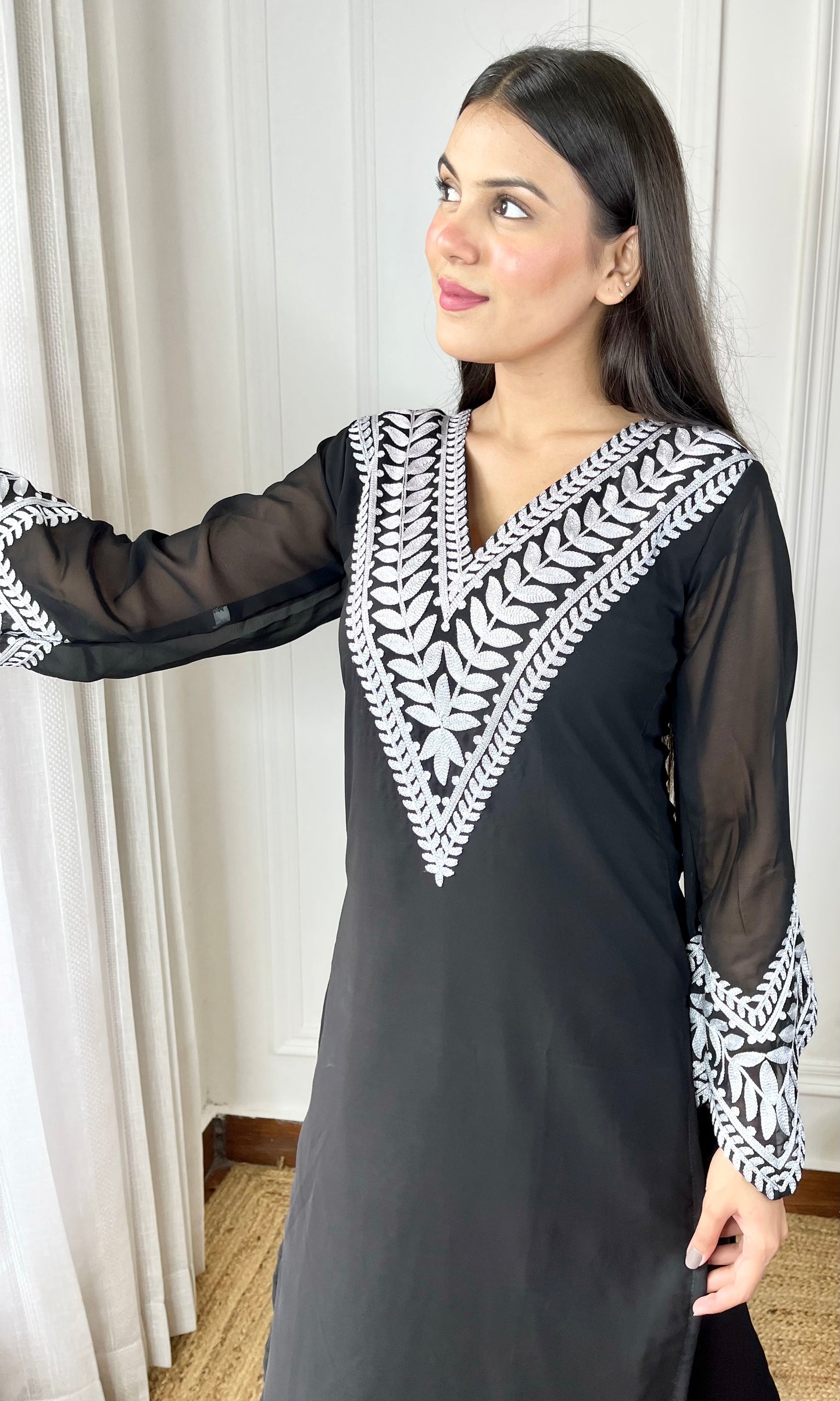 Embroidered Black Georgette Kurta-Pant & Dupatta Set