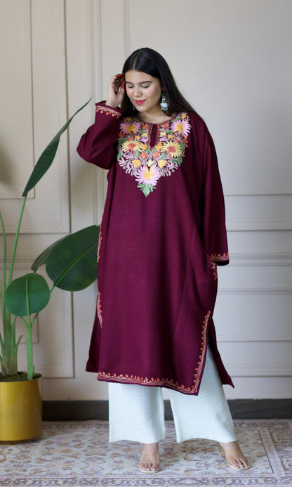 Floral Wine Aari Embroidered Fine Cashmilon Pheran