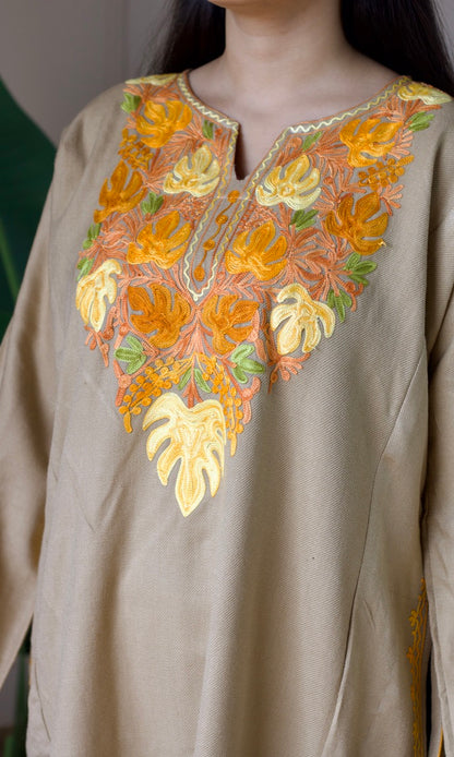Beige Marigold Aari Embroidered Fine Cashmilon Pheran