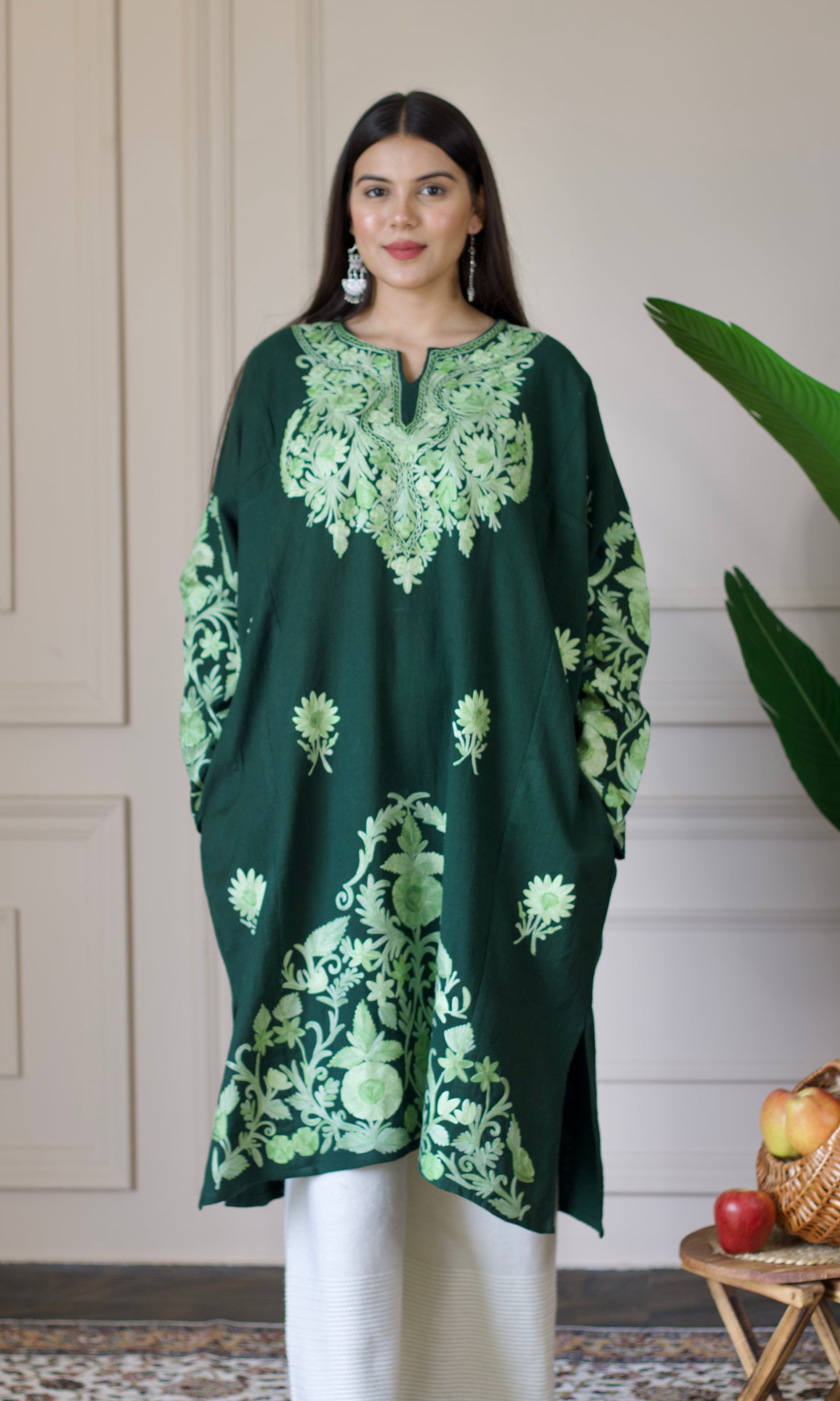 Dark Green Aari Embroidered Wool Pheran