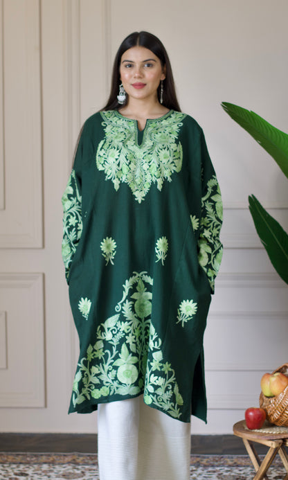 Dark Green Aari Embroidered Wool Pheran