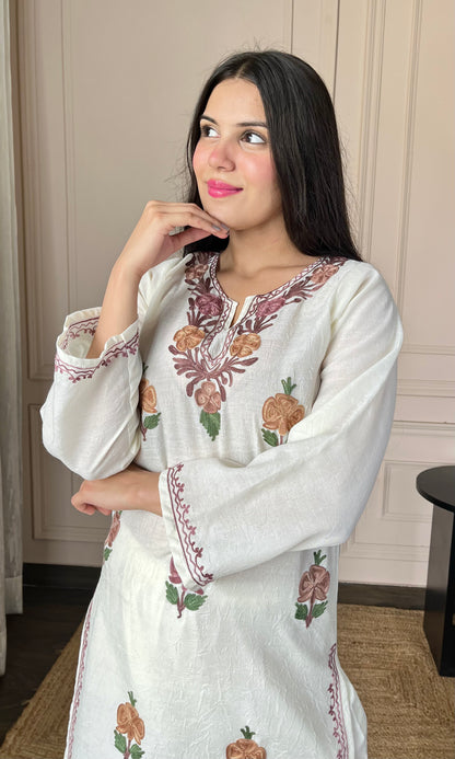 White Aari Embroidered Crushed Cotton Kurti