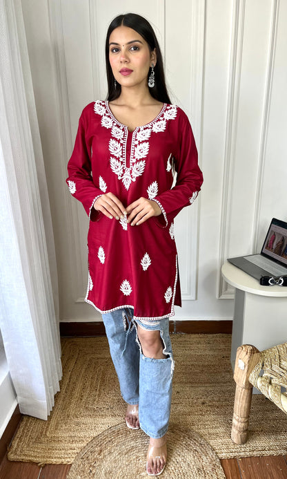 Maroon Red Chikankari Short Kurta