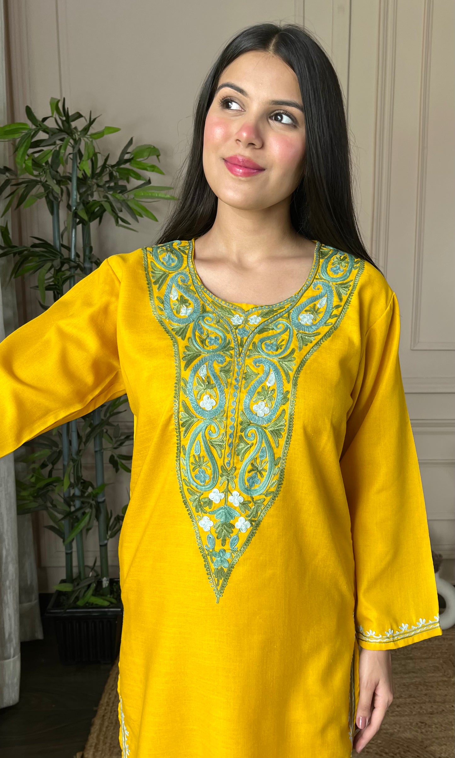 Mustard Aari Embroidered Cotton Co-ord Set