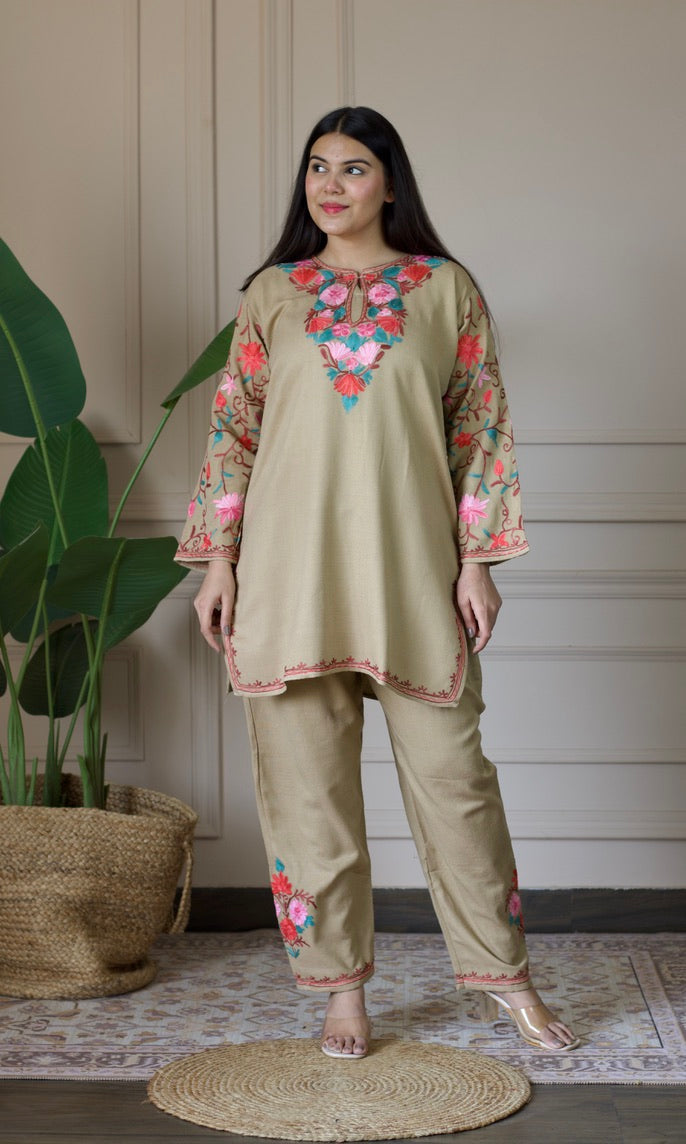 Beige Kashmiri Aari Woollen Co-ord Set – Blush Bloom