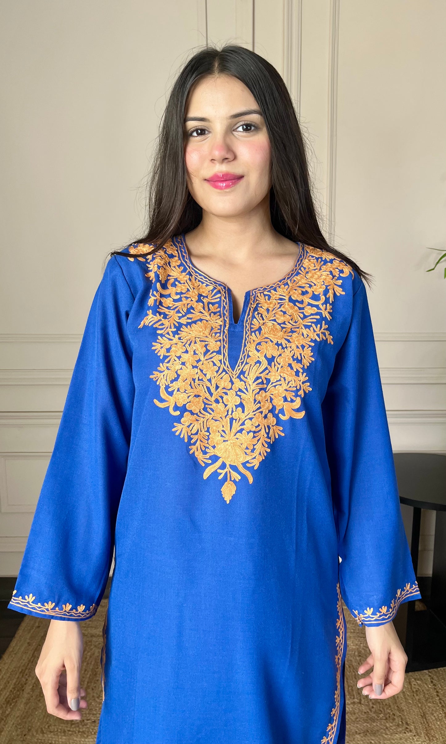 Blue Aari Embroidered Cotton Co-ord Set with Bronze Accents