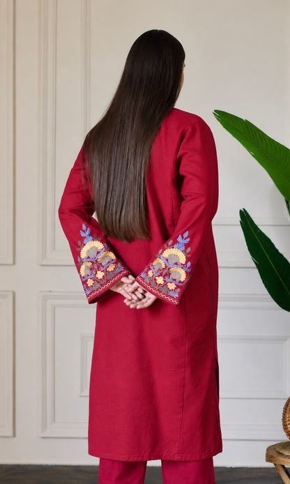 Maroon Kashmiri Aari Embroidered  Kurta Set