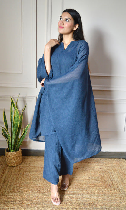 Navy Blue Lining Kaftan Kurta with Pants