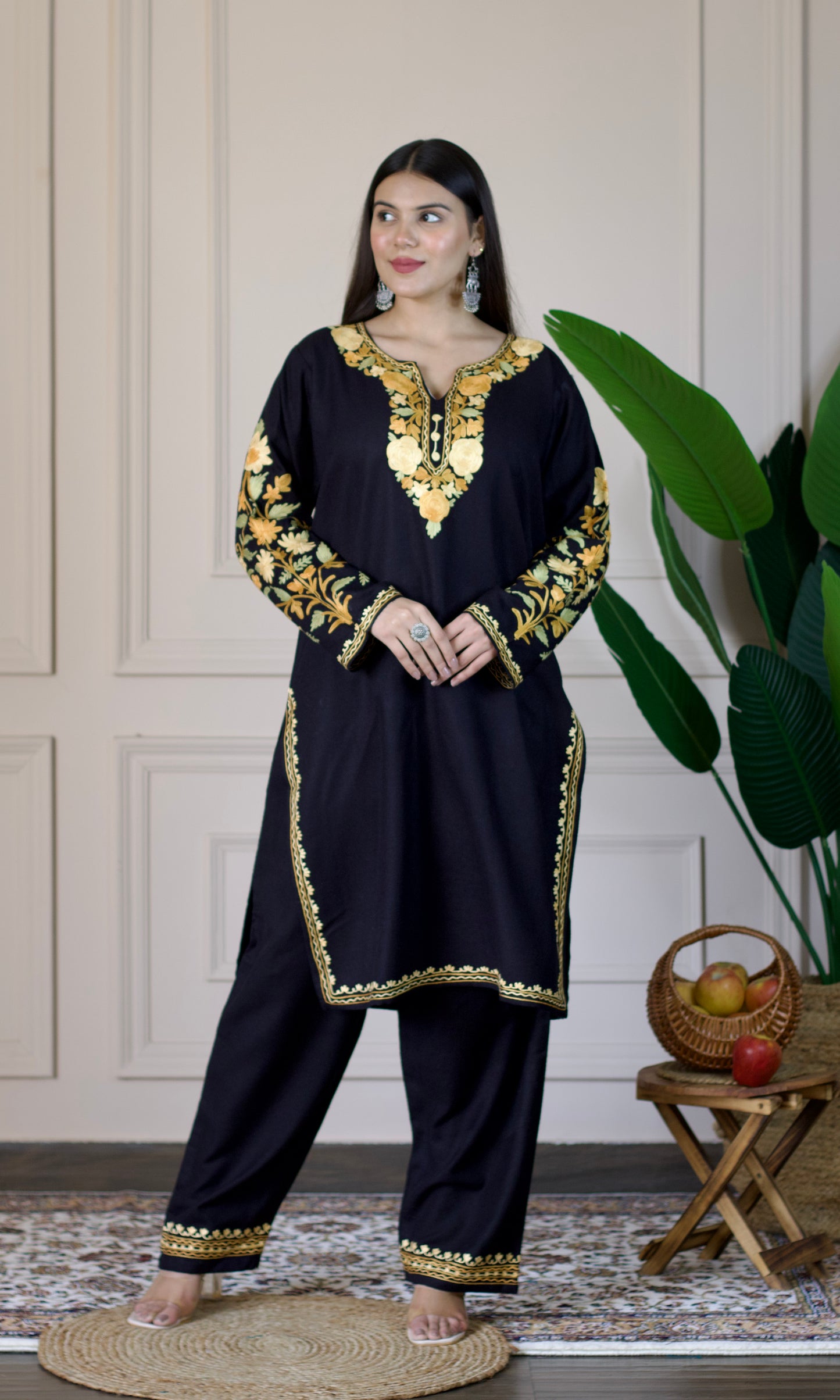 Black Kashmiri Aari Woollen Co-ord Set - Golden Dawn