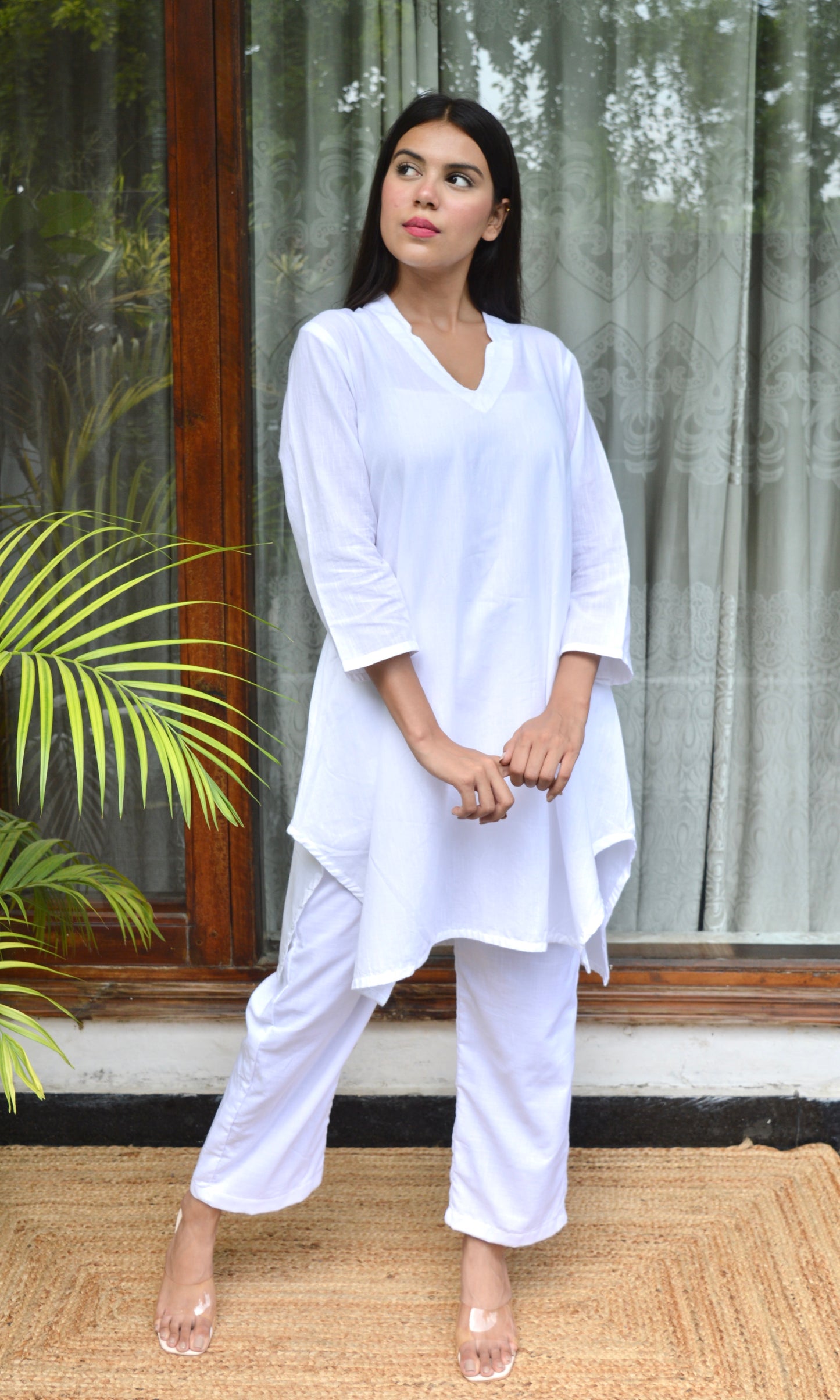 Asymmetric White Cotton Collar Co-ord Set