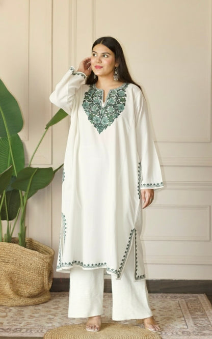 Off White Mint Aari Embroidered Fine Cashmilon Pheran