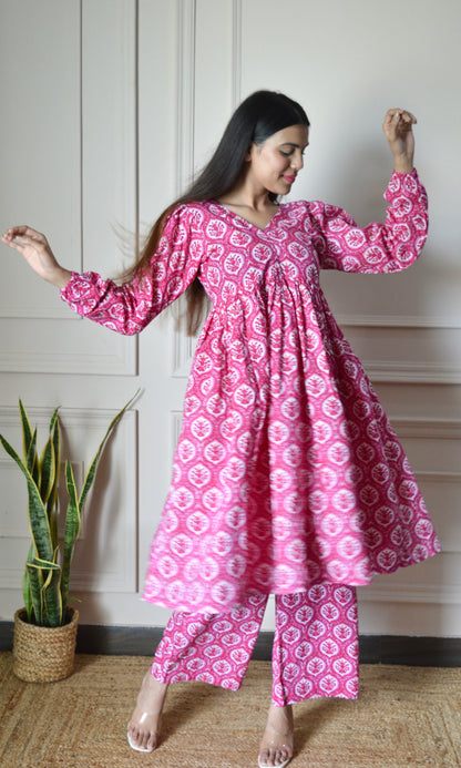 Pink Printed Flared Kurta with Pants