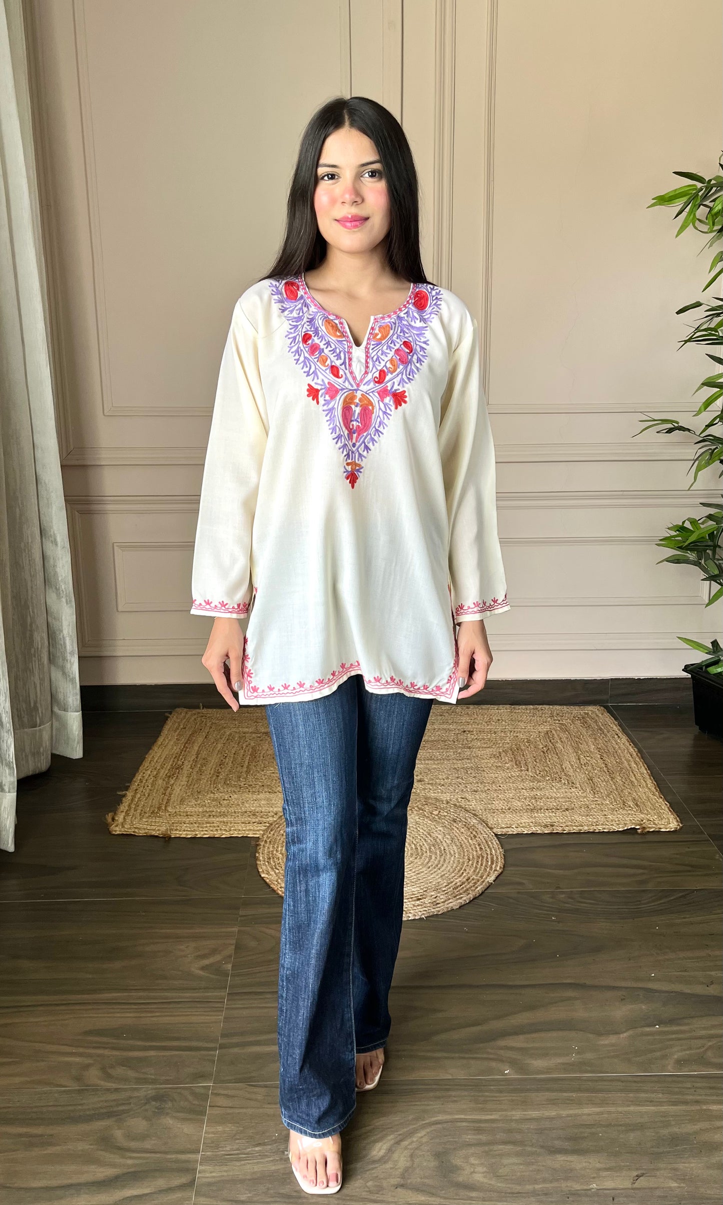 Off White Short Kurti with Vibrant Aari Embroidery