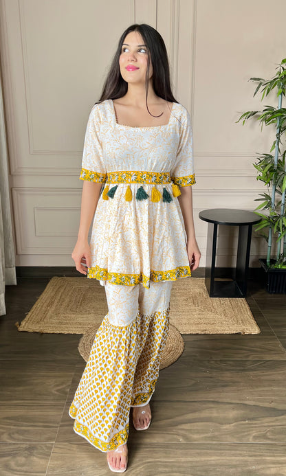 Yellow Printed Cotton Sharara Set With Belt