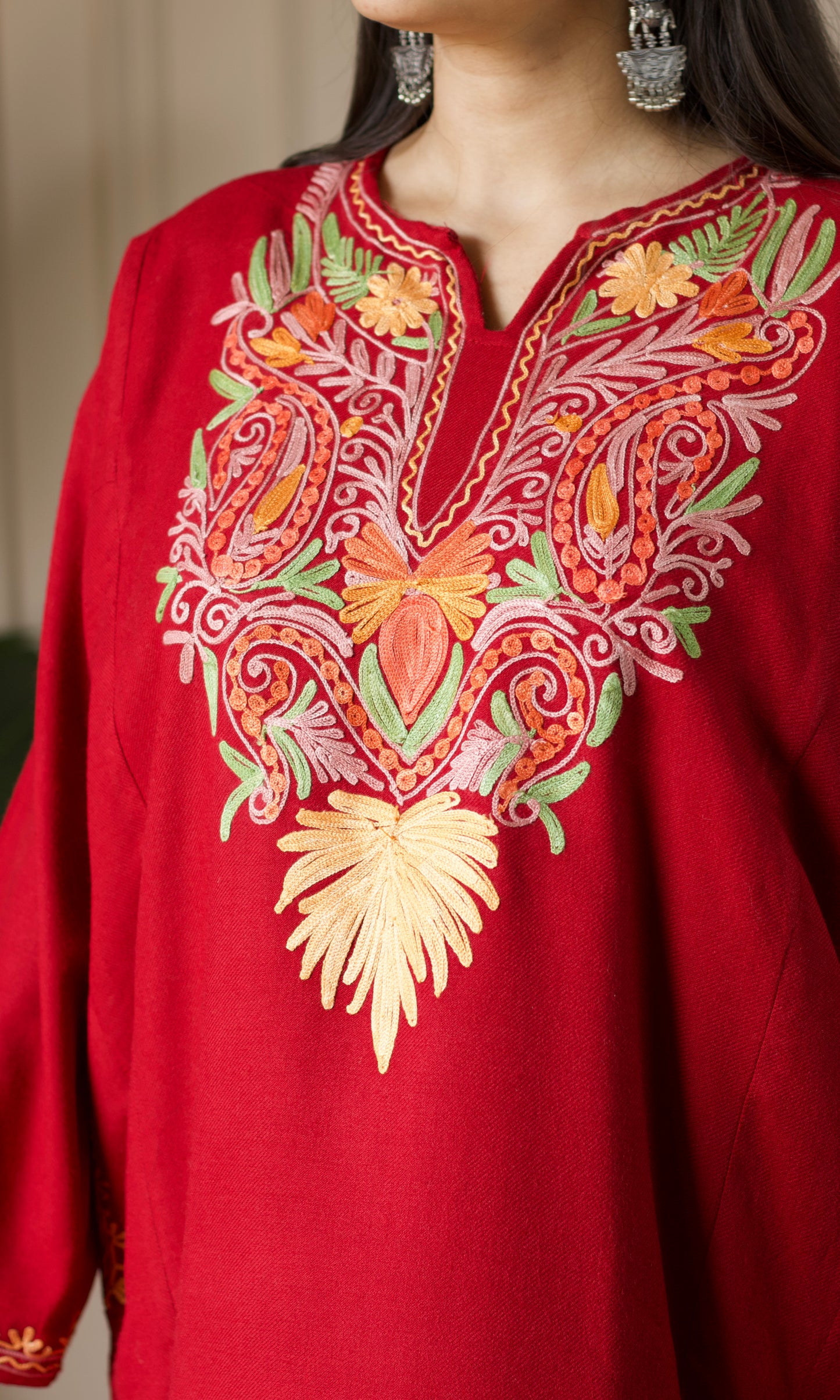 Ruby Flame  Aari Embroidered Fine Cashmilon Pheran