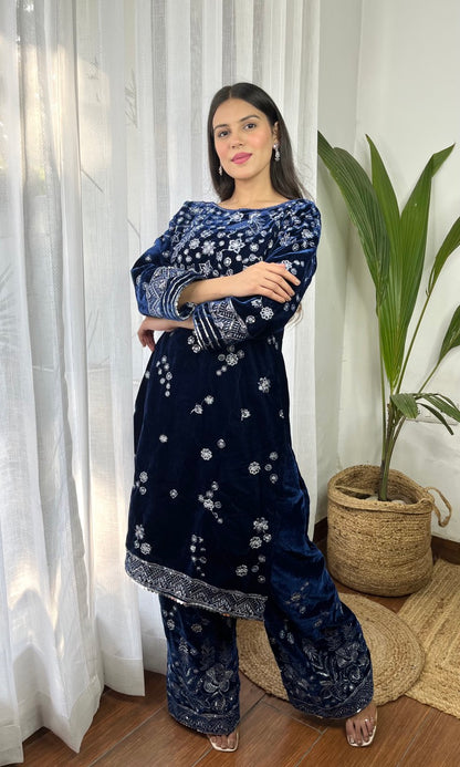 Deep Blue Velvet Suit with Flowing Dupatta