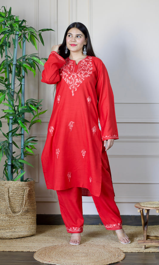 Red Aari Embroidered Cotton Co-ord Set