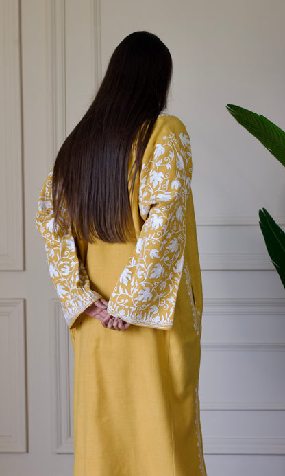 Yellow Cashmilon Pheran with White Aari Embroidery