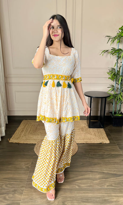 Yellow Printed Cotton Sharara Set With Belt