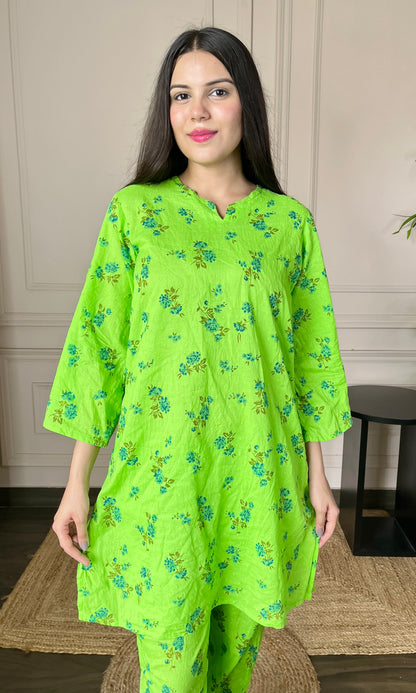 Neon Green Relaxed Fit Cotton Co-ord Set with Bell Sleeves