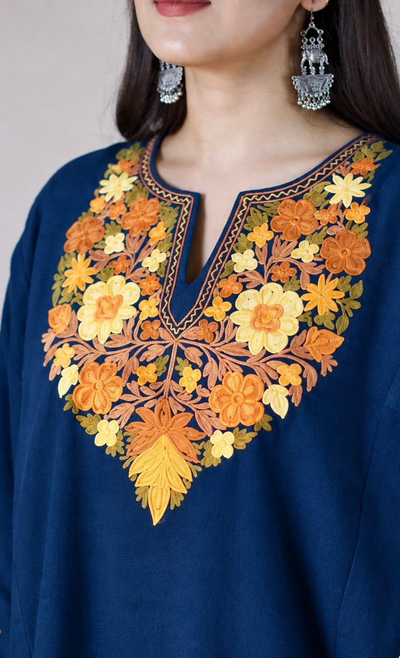 Sunfire Bloom Blue Aari Embroidered Fine Cashmilon Pheran