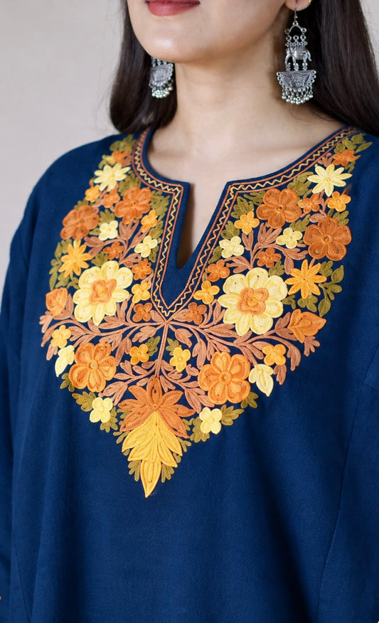 Sunfire Bloom Blue Aari Embroidered Fine Cashmilon Pheran