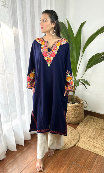 Navy Blue Bliss with Pink Aari Embroidered Fine Cashmilon Pheran