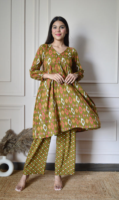 Olive Green Printed Flared Kurta with Pants