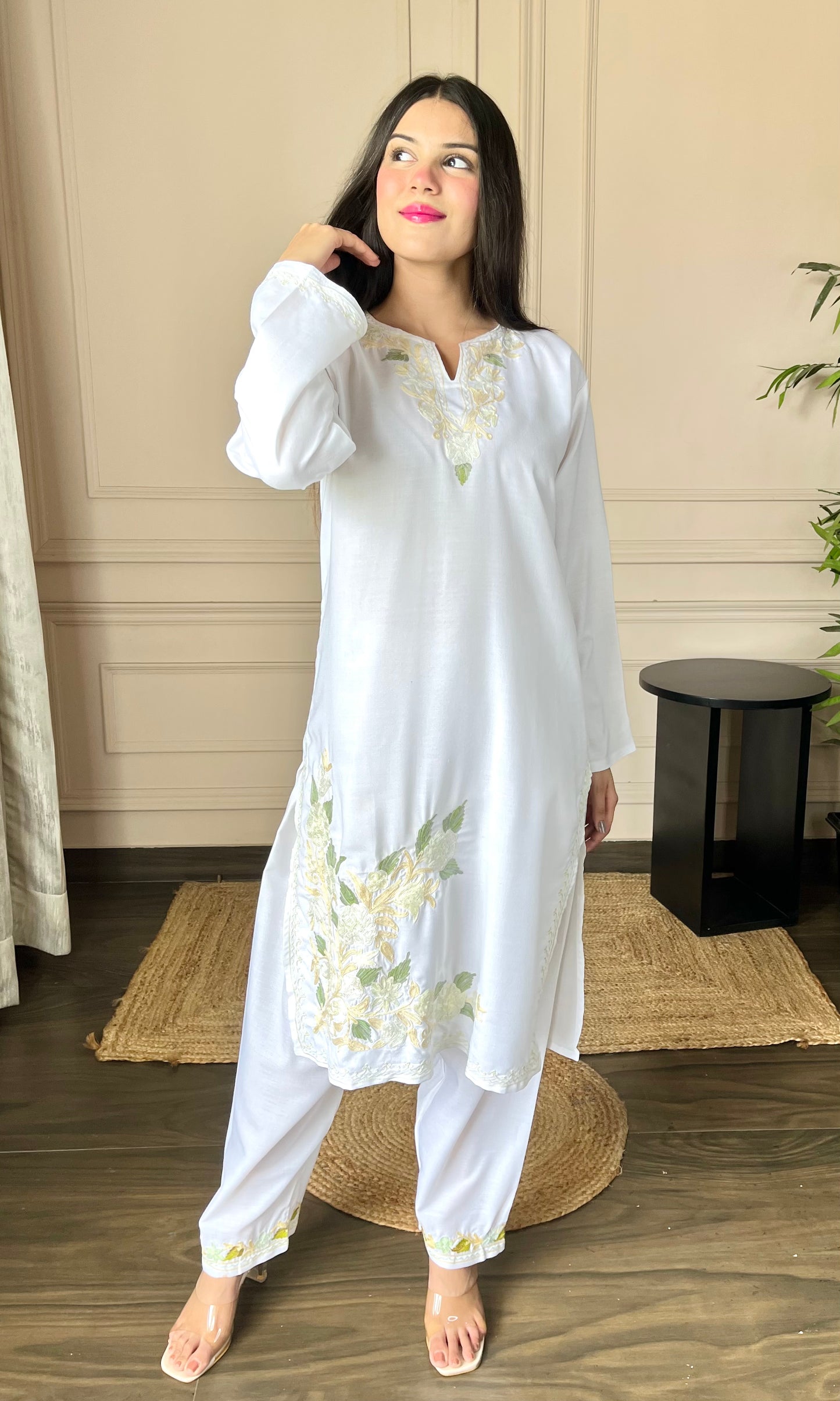 Basic White Aari Embroidered Cotton Co-ord Set