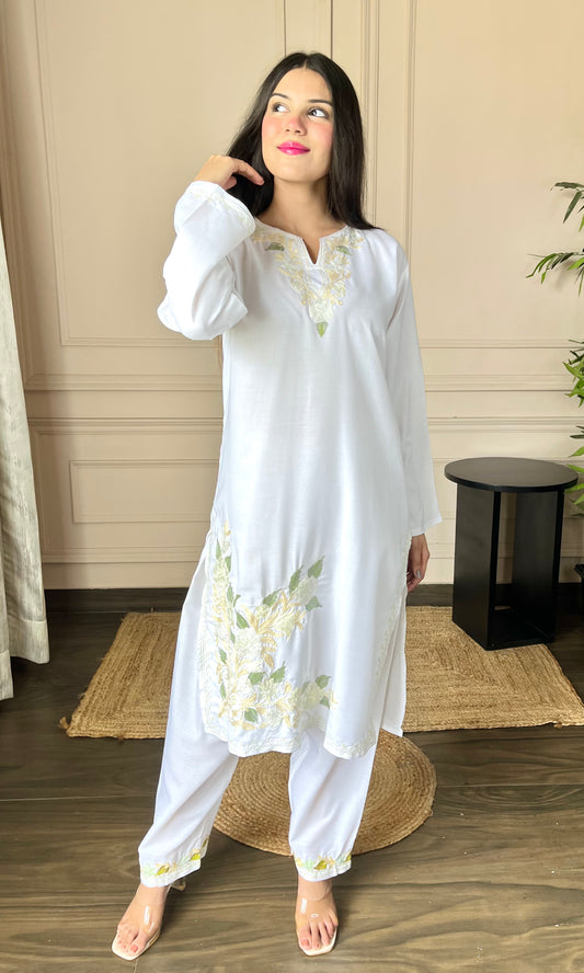 Basic White Aari Embroidered Cotton Co-ord Set