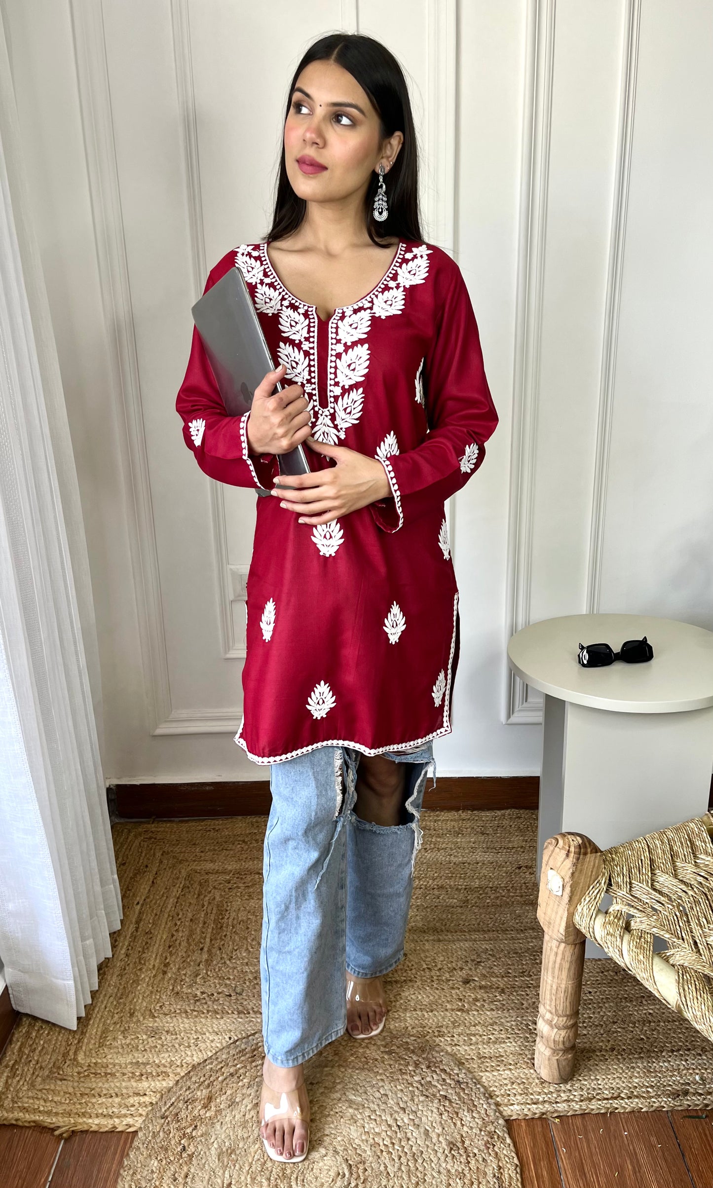 Maroon Red Chikankari Short Kurta