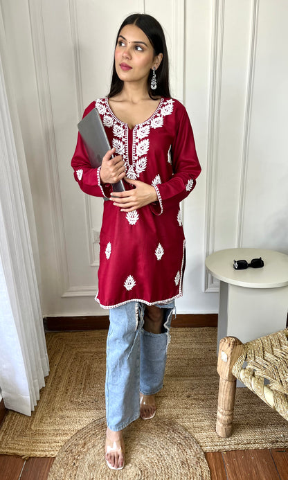 Maroon Red Chikankari Short Kurta