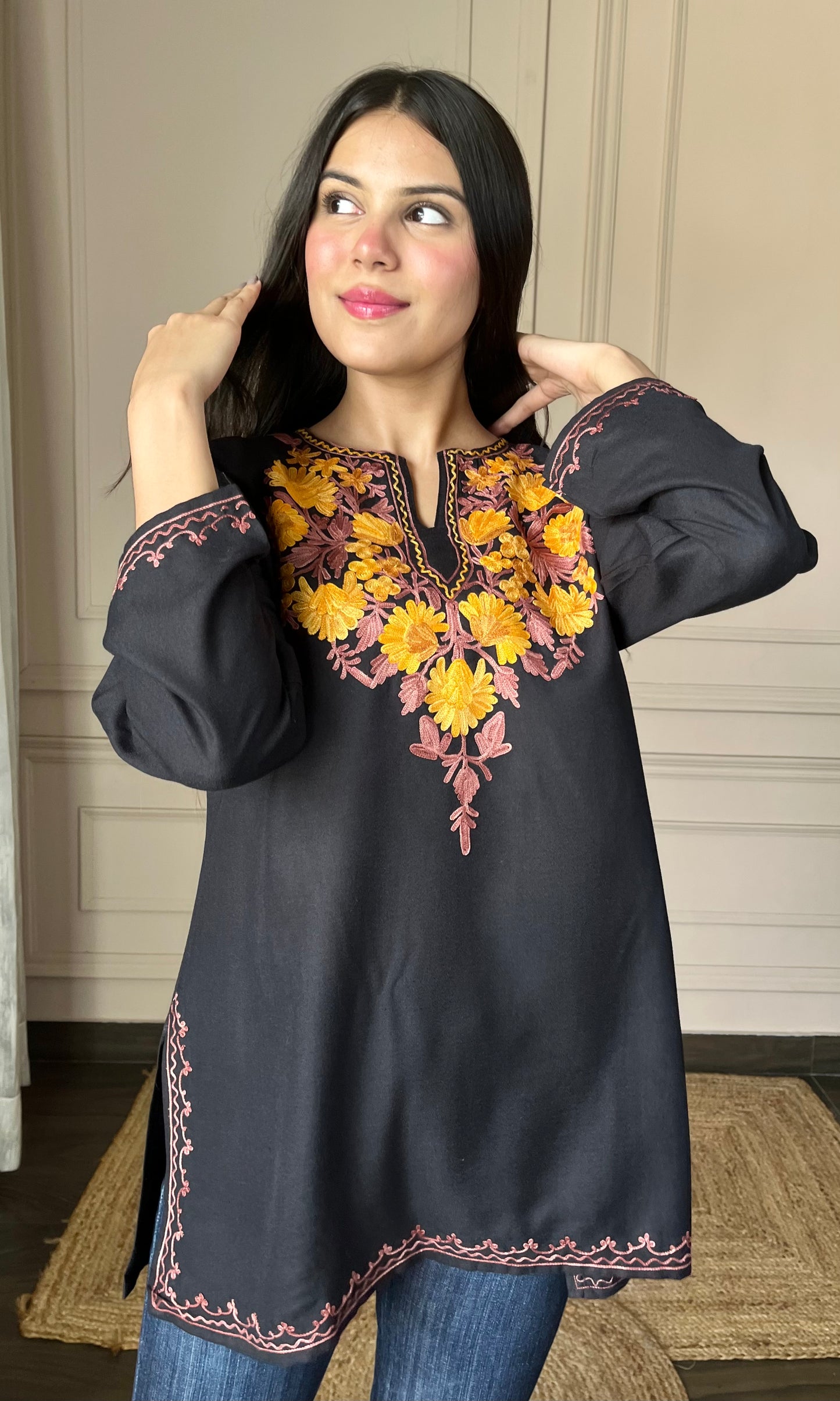 Black Aari Embroidered Short Kurti