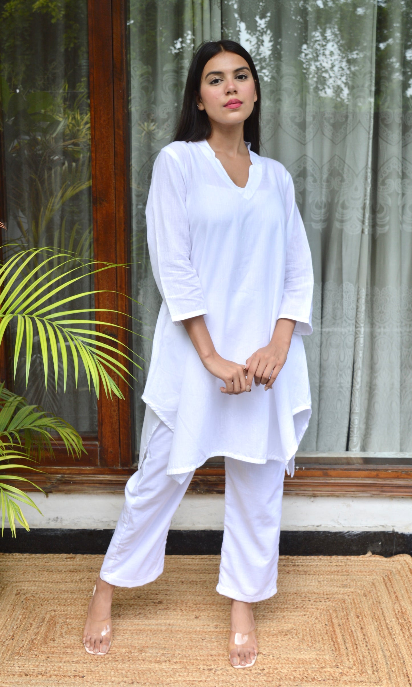 Asymmetric White Cotton Collar Co-ord Set