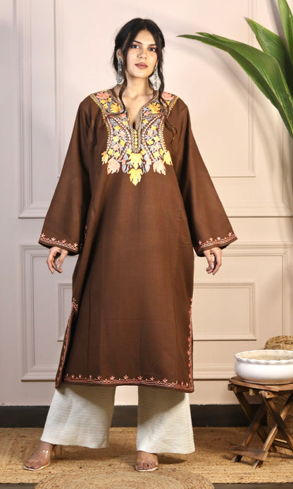 Chocolate Brown Aari Embroidered Fine Cashmilon Pheran