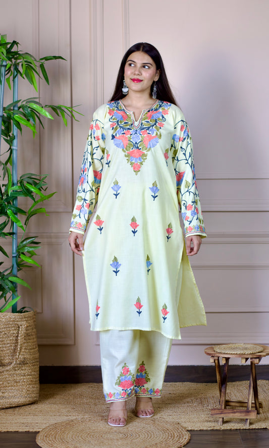 Lemon Aari Embroidered Cotton Co-ord Set