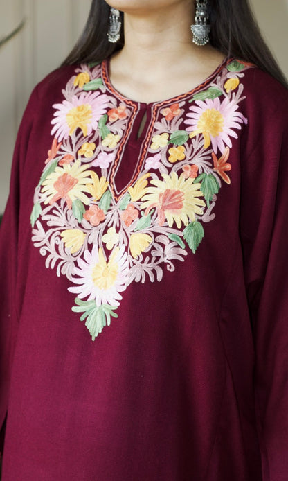 Floral Wine Aari Embroidered Fine Cashmilon Pheran