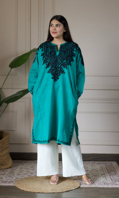 Sea Green Black Bloom Aari Embroidered Fine Cashmilon Pheran