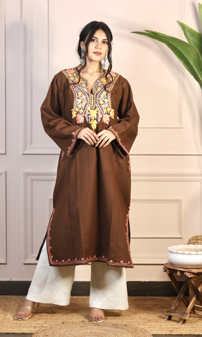 Chocolate Brown Aari Embroidered Fine Cashmilon Pheran