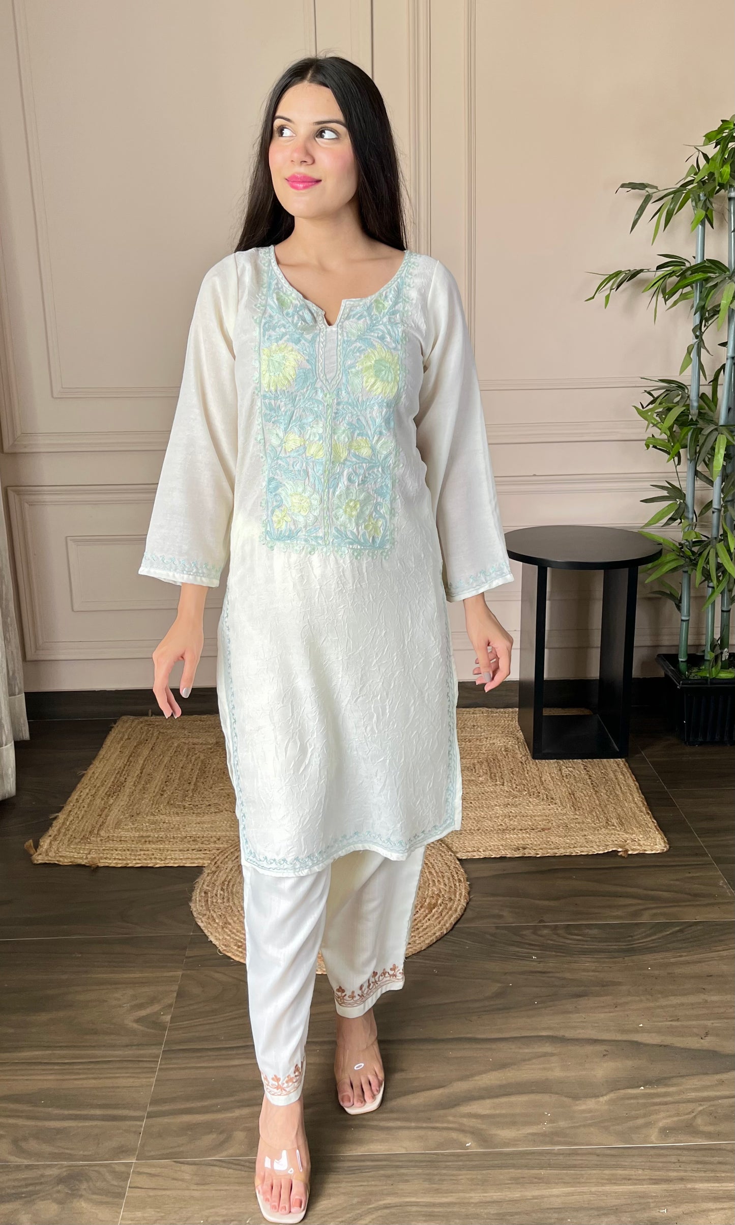 Summer Breeze Aari Embroidered White Crushed Cotton Kurti