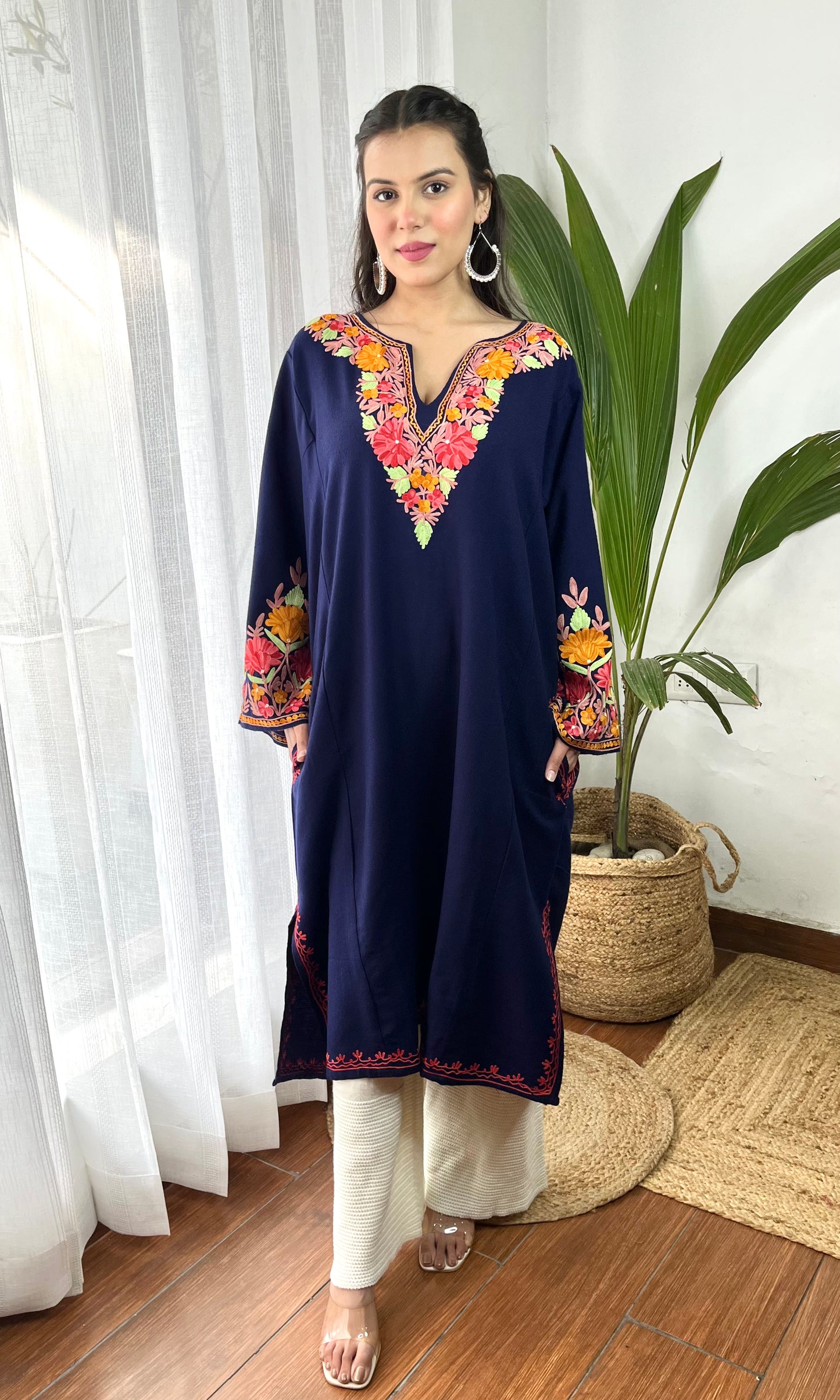 Navy Blue Bliss with Pink Aari Embroidered Fine Cashmilon Pheran