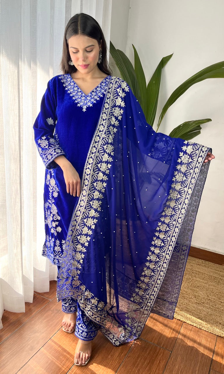 Blue Velvet Suit with Flowing Dupatta