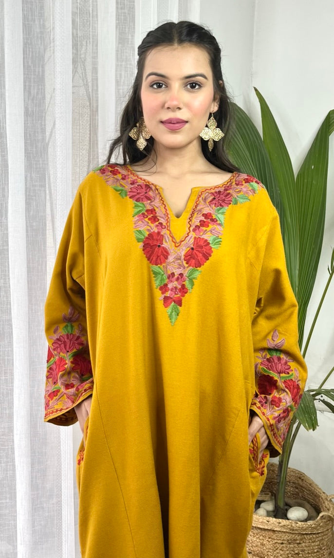 Mustard Bloom Pink Aari Embroidered Fine Cashmilon Pheran